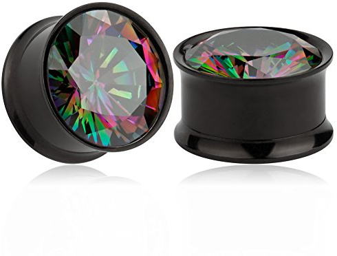 KUBOOZ (1 Paar Ohrstecker, Sommer, Farbe Schwarz, Zirkonia, Edelstahl, Ohr-Plugs, Tunnel, Gauge, Stretch-Piercings