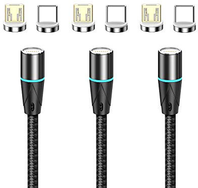 N. NETDOT 12th Generación Cable Magnético,Carga Rápida y Transferencia de Datos para Teléfonos Inteligentes Micro-USB,USB-C Viene con 2 Conectores Cada Cable(1m/3 Pack Negro)