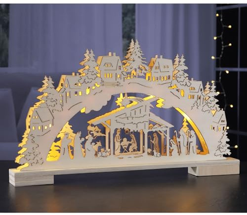 bonsport Schwibbogen aus Holz - Lichterbogen für Weihnachten mit 9 warm-weißen LEDs, batteriebetrieben