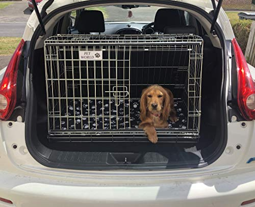 Pet World Small 32 Sloped Car Dog Crate – Compatible with Nissan Juke – UK Designed, Steel Travel Cage – Emergency Escape Hatch – Folds Flat – Free Comfort Mat – Easy Assembly