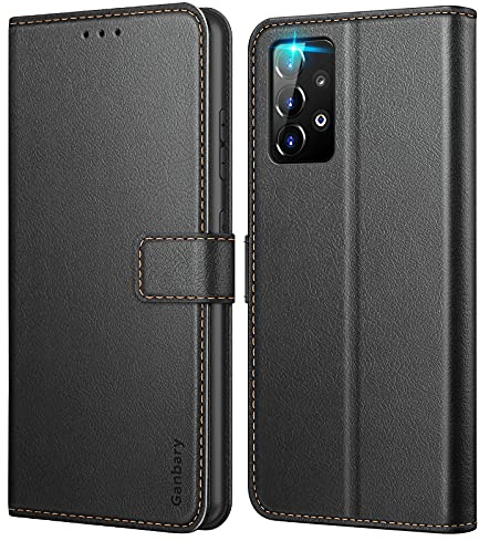 Ganbary Fodral till Samsung Galaxy A52, premium läder flip fodral plånbok telefonfodral skydd [fullt skydd] [kortspår] [cykelställ] för Samsung Galaxy A52, svart