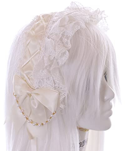 C-06-2 - Serre-tête Maid Lolita blanc avec nœud - Collier de perles gothique pour cheveux
