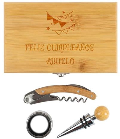 Caja de vino de madera con texto grabado - Caja con sacacorchos, tapón y cuello antigoteo - Caja de madera y acero personalizada