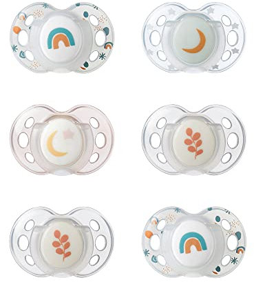 Tommee Tippee Nighttime Schnuller, 18-36 Monate, 6er Packung mit Schnullern, die im Dunkeln leuchten mit wiederverwendbarem Sterilisierbehälter