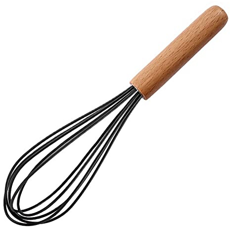 ohfruit Fouet en silicone de 25,4 cm avec poignée en bois, mélangeur à crème, batteur à œufs manuel résistant à la chaleur, noir