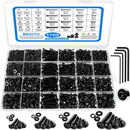 Besitu 1705 Pcs Machine Screw Assortment Kit, M2 M3 M4 M5 Metric Bolts and Nuts Kit with Lock and Flat Washers, Hex Button Head 10.9 Alloy Steel Cap Screw Set with Allen Wrench