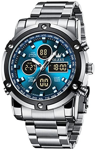OLEVS Mens Watches Multifunctional Chronograph Led Analog Digital Watch Stainless Steel Day Date Alarm Wrist Watch Gent Luminous Waterproof