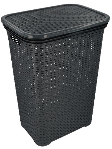 HRB Wäschekorb mit Deckel Rattan, Wäscheaufbewahrung aus Kunststoff, Wäsche Sortierer (65 L - Eckig, Anthrazit)