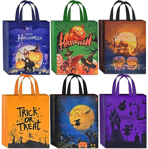 AhfuLife Halloween Geschenktüte Tasche Groß, 6 Stk Halloweensüßigkeit Süßes Taschen mit Griffen für Trick or Treat, Halloween Tüten Partyzubehör Eimer Deko Kinderparty