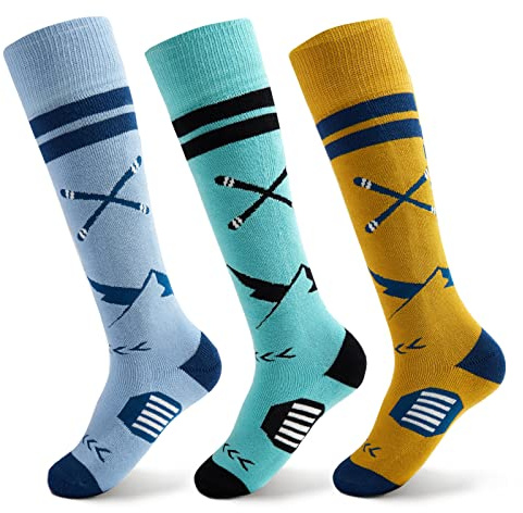 Aisyee Big Ski Socks Kids Boys Winter Warm Snow Socks Thick Thermal Skating Snowboarding Skiing Socks for Boys Girls 3 Pack Mix Snowboard 8-10 Years