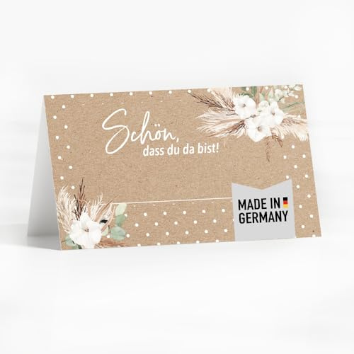 50 Tischkarten Eukalyptus Boho Design I Hochzeit oder Taufe I Platzkarten zum Selbst beschriften mit Text Schön dass du da bist I edle Sitzkarten made in Germany