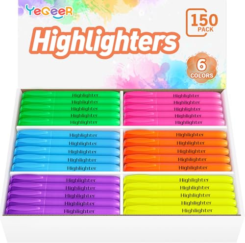 YEGEER Highlighters, Chisel Tip Dry-Quickly Highlighter Markers, 150 Count-6 Assorted Colors Highlighters Bulk Pack for Adult Kids, Office Classroom Must Have, School Supplies for Teachers