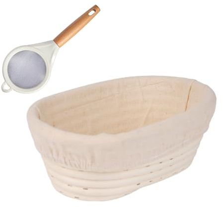 Jarsense Bread Proofing Basket and Fine Mesh Sieve Set, Oval Banneton Brotform Bread Dough Proofing Rattan Basket with Liner, Flour Sifter with Wooden Handle Food Strainer Sifter for Home Kitchen