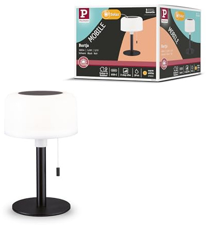 Paulmann 94607 Solar LED Akkutischleuchte Bartja IP44 2700K Schwarz USB-C Akku Mobile Tischleuchte
