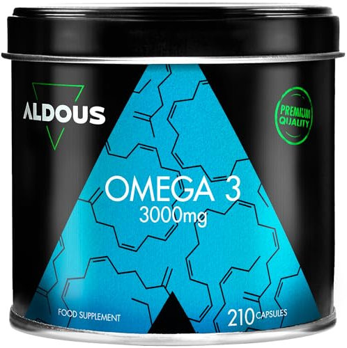 Omega 3 capsulas - 3000mg dosis diaria - 210 cápsulas - Omega 3 EPA y DHA - Aceite de Pescado - Vitamina E, Ácidos grasos - Colesterol, Visión, Cerebro - Más de 2 meses - ALDOUS