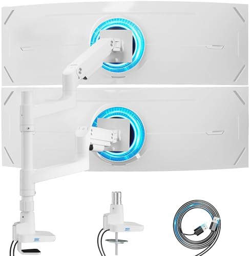 ARES WING Dual Monitor Arm for Ultrawide Heavy Duty Curved Stacking, Fits 17-49 Inch, Vertical Gas Spring Mount With USB, Adjustable for Desk, White