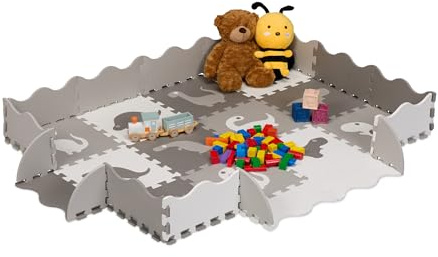 Relaxdays Puzzlematte, 4x3 Baby Spielmatte mit Rand, Dinosaurier, schadstofffreier Schaumstoff, Kindermatte, grau/weiß