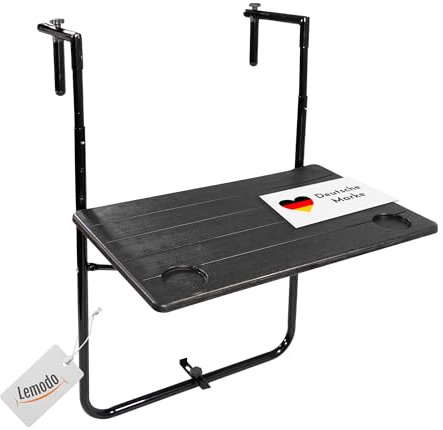 Lemodo Balkonhängetisch klappbar, 3-Fach höhenverstellbarer Balkontisch hängend, Klapptisch für Balkongeländer, wetterfest, Tischfläche 60 x 35 cm in Holzoptik, Hängetisch in schwarz