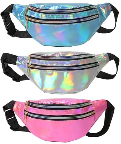 3 stycken midjeväska dam, justerbar höftväska reflekterande, bältesväska dam holografisk, färgglad PU-läder bältesväska axelväskor för kvinnor flickor, 1 silver + 1 rosa + 1 blå, L, Justerbar