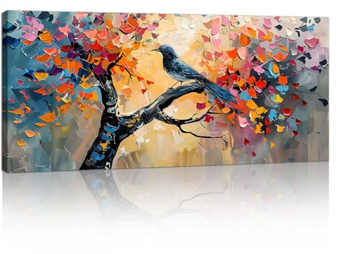 Grande Albero Della Vita Colorato Quadri Su Tela Con Cornice, Astratto Alberi in Fiore Uccello Quadro Moderni Stampa su tela Poster Pittura Soggiorno Camera da letto Decorazione Murale Quadro 120x50cm