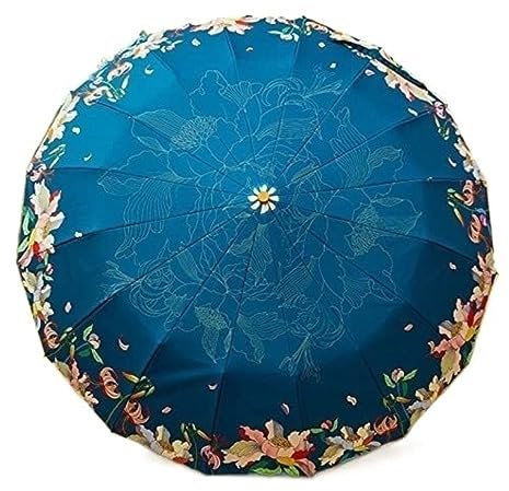 NTIYOU Folding Umbrella Japanese Style Flowers Umbrella Rain Women Anti UV Sun Umbrella Wooden Handle Three Folding Umbrellas Silver Coating Portable(Navy blue)