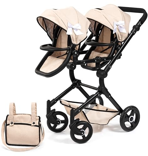 Bayer Design 26275AA Carrozzina gemellare per Bambole Twin Neo con Borsa, Passeggino Doppia, Regolabile in Altezza, Pieghevole, sedili inseribili singolarmente, Ruote Anteriori piroettanti