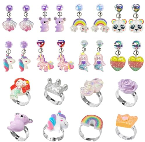 8 Anillos Niñas Ajustables y 8 Pares Pendientes de Clip para Niñas Clips las Orejas Niña Clip No Piercing Pendientes de Resina no Alérgicos Accesorios des Joyería des Princesa para Niña