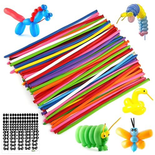 Deepton Palloncini da modellare, 100 pezzi, lunghi modellabili, palloncini a forma di animali, con 2 adesivi, palloncini lunghi da modellare, palloncini colorati per feste, matrimoni, compleanni