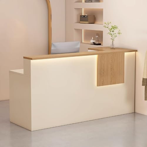 GUQASDV Empfangstheke Rezeption, Reception Desk Modern, Empfangstresen für Praxis, Reception Theke mit Stauraum mit Sanfter Beleuchtung für Schönheitssalons(Beige+Natural,140cm)