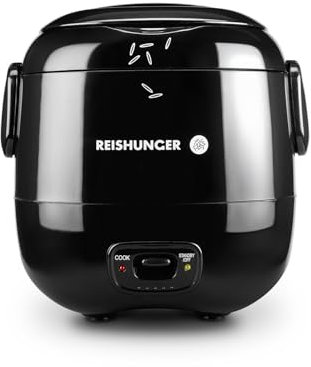 REISHUNGER Mini Reiskocher, schwarz | 0,3 L - 1-2 Portionen | hochwertige Keramikbeschichtung - Premium Topf | Handliche Größe für kleine Haushalte und unterwegs