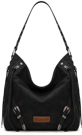 Wrangler Black Hobo Purses for Women Large Handbags Buckle Fringe Zipper Faux Suede Leather Shoulder Bag WG245-918BK
