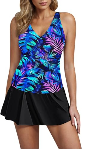 LUCKME Swimming Costume Women Tummy Control One Piece Swimsuit Swim Dresses Ruched Swim Skirt Vacation Outfits Swimwear Beach Bathing Suit Swimming Costume Swimdress Older Ladies UK Clearance