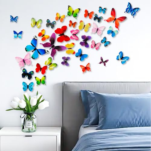 JINGIHE 84 Stück 3D Schmetterlinge Deko, Schmetterling Wandaufkleber Dekorationen, Bunten Wandtattoo Wohnzimmer Butterfly Wandsticker für Geburtstagsdeko Mädchen Kinder Kinderzimmer Zimmer Hausbett