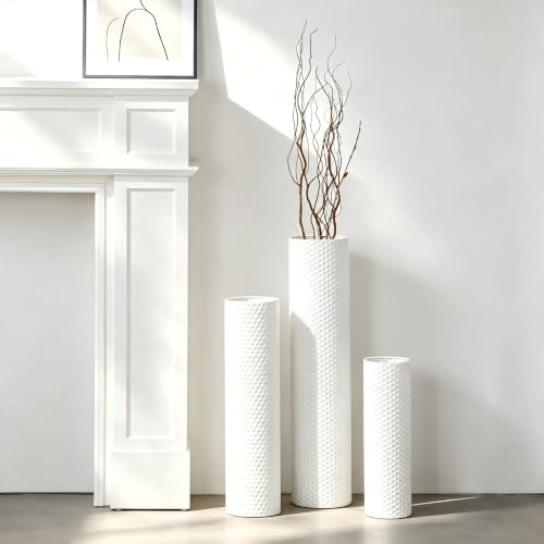 Dnnnii 3 Vasen Set - Hohe Zylindervasen aus Metall Weiß, Moderne Wabenstruktur, Große Stehvasen für Wohnzimmer (Höhe bis 70cm, Raumdekoration)