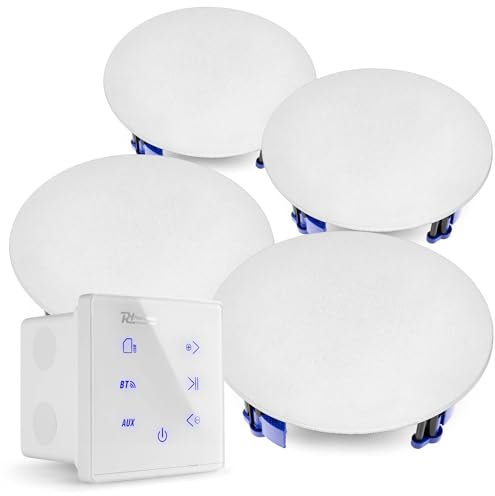 Power Dynamics A100 Bluetooth Deckenlautsprecher Set - 4X Einbaulautsprecher 6,5 - 80 Watt Verstärker Unterputzradio, 55mm Tief - Radio, USB & SD für Wohnzimmer, Büro, Gastro & Außenbereich