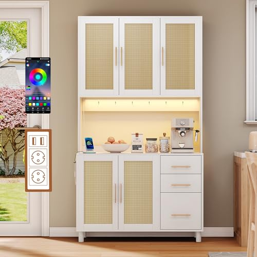 A ALFRESCOOL 183cm Küchenschrank, Küchenbuffet, Vitrinenschrank, 2 x USB, 2 x Steckdosen, Verstellbare Einlegeböden, 3 Schubladen, Goldene Metallgriffe für Küchen und Esszimmer, Weiß
