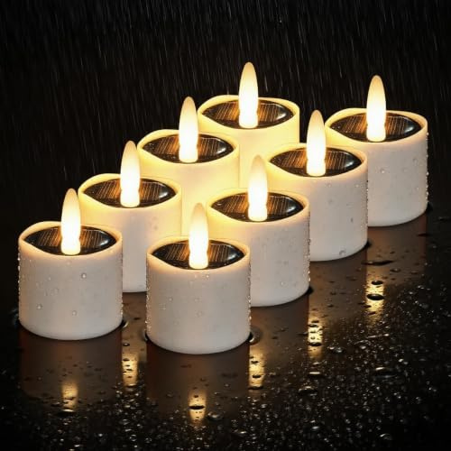 HL Solar Teelichter Für Außen, Solarkerzen Außen Wasserdicht, Solar Kerzen Outdoor Dusk To Dawn Solarlichter Wiederaufladbar LED Flackernd Für Garten Party Tisch Deko (Warmweiß 8 Stück 5×6cm)