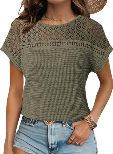 Dokotoo Ladies Summer Tops Short Sleeve Round Neck Waffle Knit Hollow Out Women's T-Shirts Loose Fit Women Tee Shirts Casual Solid Color Oversized Womens Blouses Top S-XXL