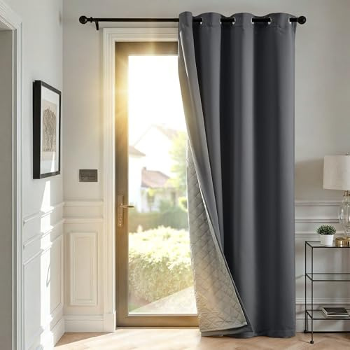 TOPICK Thermovorhang Kälteschutz doppelten Gardinen Ösen H240xB140 1 Stück | Gardinen Wohnzimmer Schwarz Türvorhang Verdunklungsvorhänge Schlafzimmer Vorhänge mit abnehmbare Schicht Curtain living room