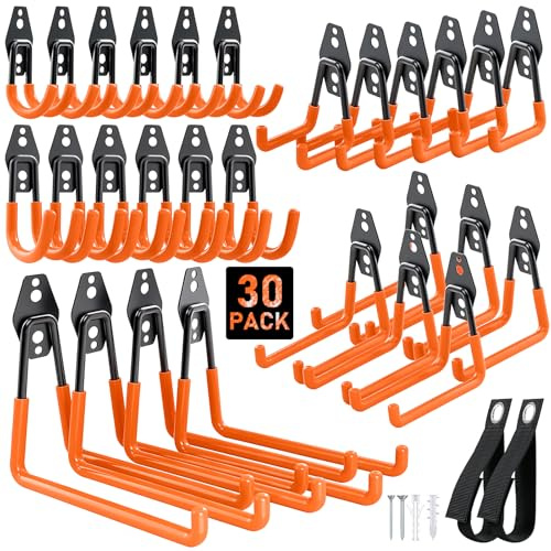 Housolution Steel Garage Hooks - 30Pack Anti-Slip Coating, Orange | High performance wall hooks for bicycles garden tools ladders hoses bulky goods ropes garage tool organiser with cable winder