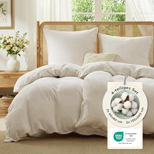 BEDSURE Musselin Bettwäsche 135x200 4teilig - Beige, 80x80 Kissen, Oeko-TEX | 100 % Baumwolle Bettwäsche-Sets, 2 Bettbezüge 135 x 200 und 2 Kissenbezüge 80 x 80, mit Reißverschluss, Weich, Atmungsaktiv