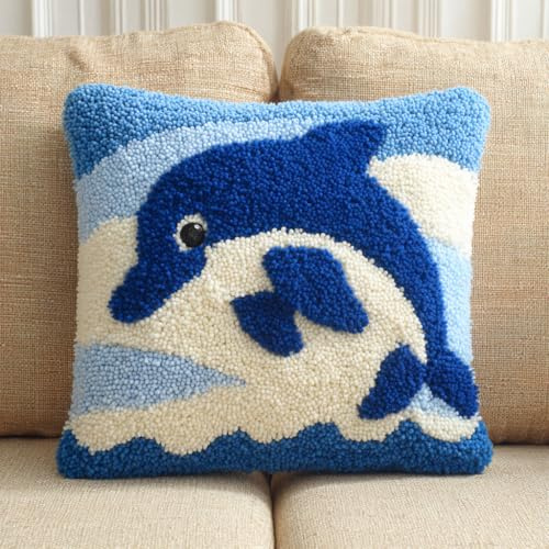 Henypt Kissen Knüpfen Set Delfin Knüpfkissen-Sets,Kreuzstich Knüpfkissen Zum Selber knüpfen Kissen Set,Knüpfpackungen Für Anfänger 43x43cm
