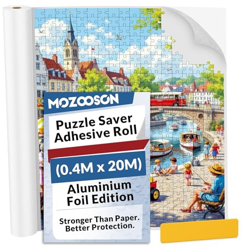 MOZOOSON Pusselskyddsark 40 cm x 20 m, massiv rulle 65,6 fot, sparar upp till 20 pussel med 1000 bitar, kraftiga aluminiumfolie stora pusselark, självhäftande ark
