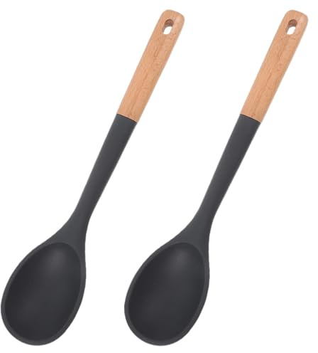 jojofuny Set 2 Cucchiai da Cucina in Silicone Resistente al Calore Manico in Legno, Mestoli Grandi Antiaderenti per Mescolare e Servire, Utensili Versatili per Cucina Domestica