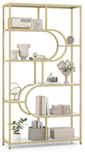 COSTWAY 8/10-Tier Bookshelf, Industrial Etagere Bookcase with Open Storage Shelves, Freestanding Metal Frame Tall Display Shelf Storage Organizer (White + Gold, 95 x 30 x 176 cm, 8)