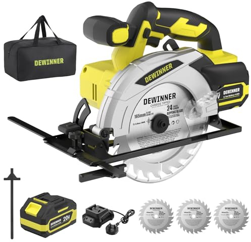 DEWINNER Cordless Circular Saw with 4.0Ah Lithium-Ion Battery,4000RPM Electric Circular Saw with Electric Brake,Max38mm (45°),54mm (90°), 3 * 165mm 24T Blades, Canvas Bag,for Wood Cutting