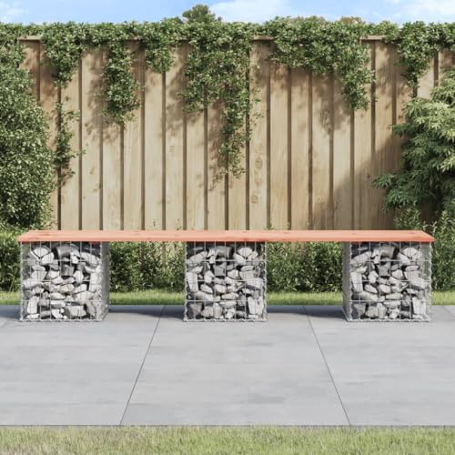 Teenpull Gabion Garden Bench, 203x44x42 cm Douglas Solid Wood Top, Weatherproof Galvanized Steel Base for Outdoor Patio Seating & Park Areas