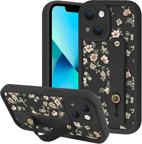 Yoedge Aesthetic Flower Floral Phone Case for iPhone 15 with Flexible Adjustable Soft Finger Hand Wrist Strap Holder Kickstand Silicone Shockproof Protection Funda for iPhone 15 6.1 Inch