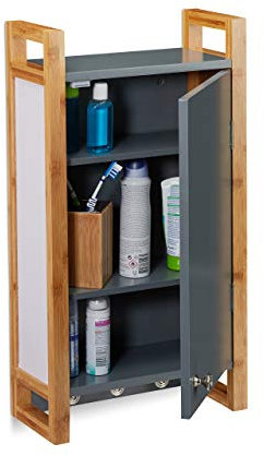 Relaxdays Armario Colgante de baño, Marco de bambú y Tres Ganchos, Gris Oscuro, 58 x 31,5 x 15 cm