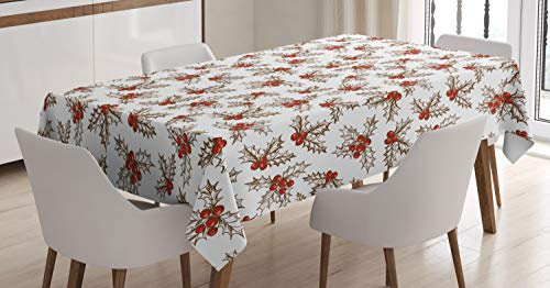 ABAKUHAUS Natale Tovaglia, Bacche di Agrifoglio Foglie, Rettangolare per Sala da Pranzo e Cucina, 140 cm x 170 cm, Scarlet Brown